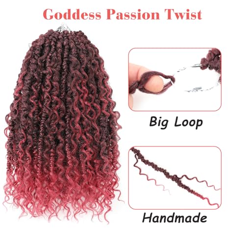 Leeven Passion Twist Crochet Hair 14 Inch Boho Style 8 Packs Ombre Burgundy Pre Twisted Goddess Twist Pre Looped Red Bomb Twists Curly Ends Synthetic Braids for Women Girl #TBUG