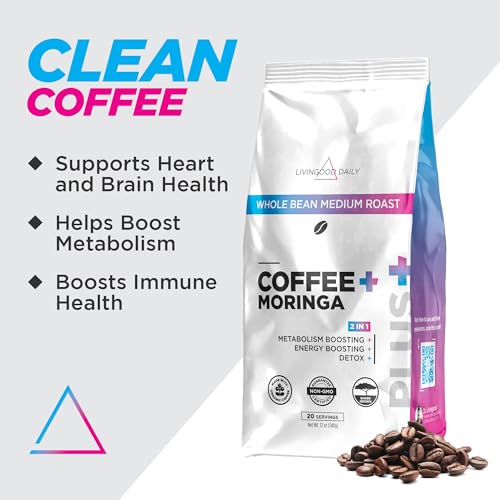 Livingood Daily Medium Roast Blend Coffee with Moringa, Whole Bean Coffee - Low Acid, Shade Grown & Made with Organic Coffee - Detox & Energy Boosting - 12 Oz