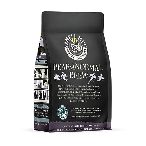Bones Coffee Company Pear-A-Normal Brew Flavored Coffee Beans, Medium Roast Ground Coffee Low Acid, Caramel & Spiced Pear Flavor (12 oz)