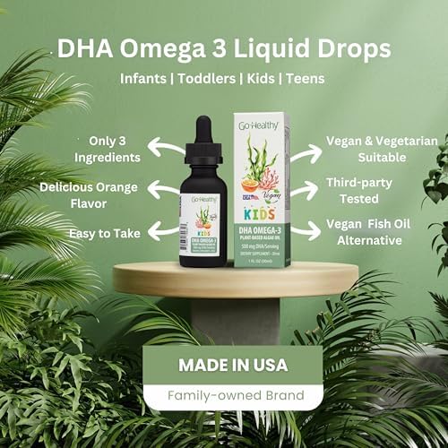 Go Healthy DHA Omega 3 Drops for Kids, Toddlers & Infants - Vegan Fish Oil Alternative - Supports Brain & Eye Development, Just 3 Ingredients, Organic Orange Flavor, 30-60 Servings