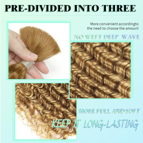 Blonde Human Braiding Hair for Boho Braids 22 Inch 6 Bundles Human Hair Braiding Hair Deep Wave Bulk Human Hair for Braiding No Weft Curly Human Hair Brading Hair Extensions 150g 27#