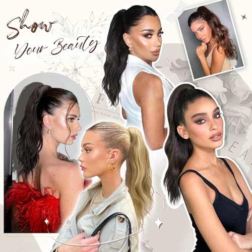 FESHFEN Ponytail Extensions, Long Claw Clip in Ponytail Hairpiece Synthetic Pony Tails Hair Piece Natural Wavy Hairpieces for Women, 20 inch Brown Mixed Honey Blonde