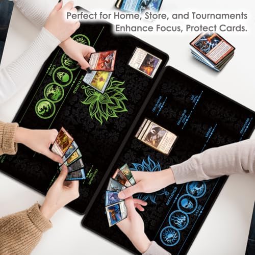 MTG Playmat with Play Zones – Magic Play mat Card Game Mat for Magic The Gathering, Lotus & Basic Lands Design, 24x14 inch, Stitched Edge, Non-Slip Base with Prismatic Playmat Tube-Blue Zone