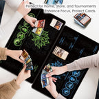 MTG Playmat with Play Zones – Magic Play mat Card Game Mat for Magic The Gathering, Lotus & Basic Lands Design, 24x14 inch, Stitched Edge, Non-Slip Base with Prismatic Playmat Tube-Green Zone