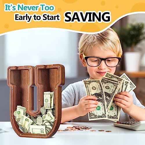 Summidate Customized Name Extra Large Wooden Piggy Bank for Kids Boys Girls Alphabets Letter A-Z Coins Bills Money Change Saving Box Clear Cover (Laser Engraved) Educational Toys 12"- Letter U