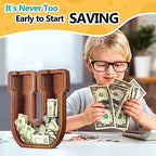 Summidate Customized Name Extra Large Wooden Piggy Bank for Kids Boys Girls Alphabets Letter A-Z Coins Bills Money Change Saving Box Clear Cover (Laser Engraved) Educational Toys 12"- Letter U