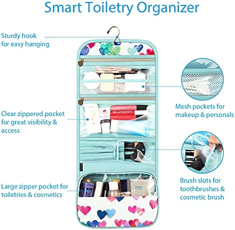 Fintie Portable Toiletry Cosmetic Travel Bag, Large Water Resistant Hanging Makeup Organizer Storage Pouch Case for Women Girls (Raining Hearts)