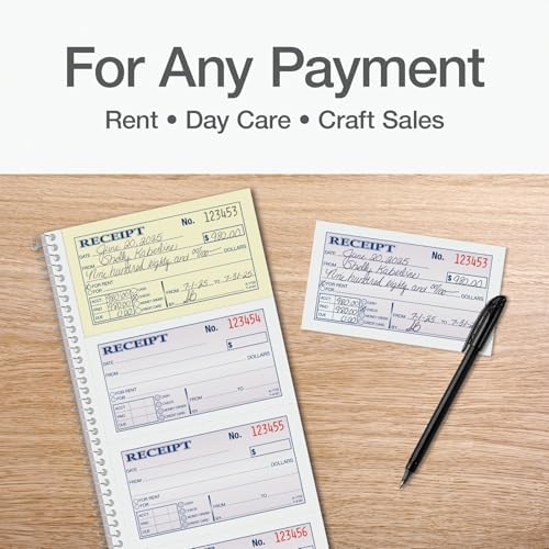Adams Receipt Book - 300 Sets per Book, for Money and Rent - 2-Part Carbonless - 5-1/4" X 11" - Spiral Bound Receipt Book with Carbon Copies - 4 Receipts Per Page - 3 Pack