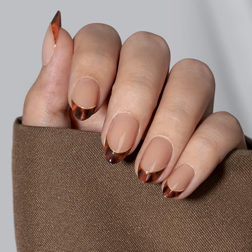 BTArtbox Press On Nails Short Almond - Winter French Tip Press On Nails, Soft Gel Fake Nails Brown, Reusable Glue On Nails with Nail Glue in 16 Sizes, Tortoise Shell