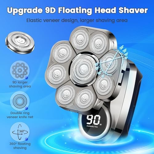 9D Head Shavers for Bald Men, Upgraded 6-in-1 Mens Grooming Kit, Detachable Bald Head Shavers for Men, Wet/Dry LED Display, Travel Lock Electric Razor for Men with Type-C Charge
