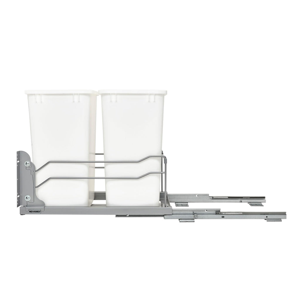 Rev-A-Shelf Double 35 Qt Pullout Trash Cans with Soft-Close for Under Kitchen Cabinets, Min Opening Width of 14.5", White, 53WC-1835SCDM-211