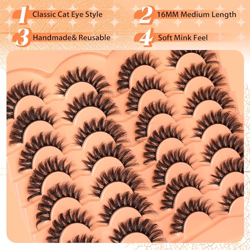 JIMIRE False Eyelashes 14 Pairs Cat Eye Lashes Wispy Fluffy D Curl Strip Natural Lashes Look Like Eyelash Extension 16MM Wispy Faux Mink Fake Lashes Pack
