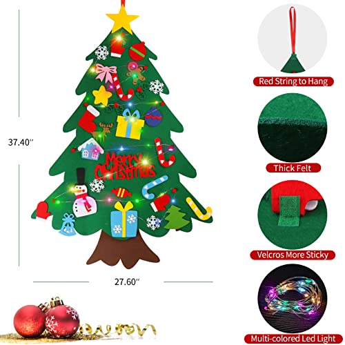 Felt Christmas Tree Set for Toddlers Kids with Led String Light，3.2ft Wall Hanging DIY Christmas Tree with Detachable Ornaments for Xmas Gifts Home Decoration