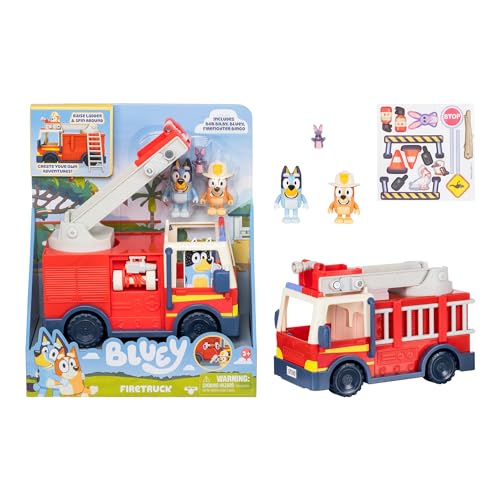 Bluey Firetruck Toy with Firefighter Bingo, Bob Bilby Figures | Extendable Ladder & Hose | Includes Stickers - Perfect for Kids Ages 3+