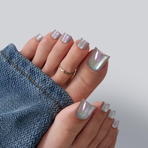 BTArtbox Press On Toenails - Lamp-Curable Real Square Chrome Toe Nail Press Ons with Glue for Women, Semi-Transparent Fake Toe Nail Tips in 15 Sizes - 30 Toenails Kit, Galaxy Gleam