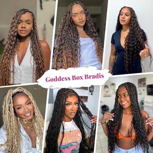 Boho Box Braids Crochet Hair for Women 18 Inch 7 Packs Red Burgundy Goddess Box Braids with Curly Ends Short Crochet Braids Pre Looped Bohemian Braiding Hair Extensions, 1B/Bug