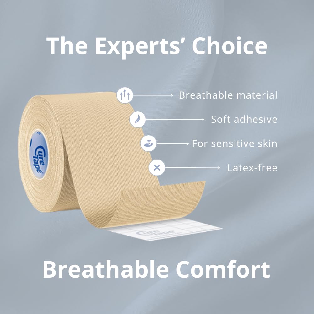 CureTape Gentle Sensitive Kinesiology Tape with Gentle Adhesion | Hypoallergenic Water Resistant K Tape | for Sensitive Skin, Elderly or Children | Gentle to Remove | 1 Roll of 5cm Wide Muscle Tape