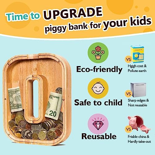 SummiDate Wooden Letter Piggy Bank| Piggy Bank for Boys Girls Toddler| Alphabet O Money Bank| Coin Bank Birthday Gift for Kids|Birthday Gift for Kids (O)