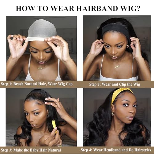 Colorful Queen Reddish Brown Headband Wig Auburn Body Wave Headband Wigs for Black Women Copper Red Colored Long Wavy Wig with Headband 26 Inch Glueless Half Wig