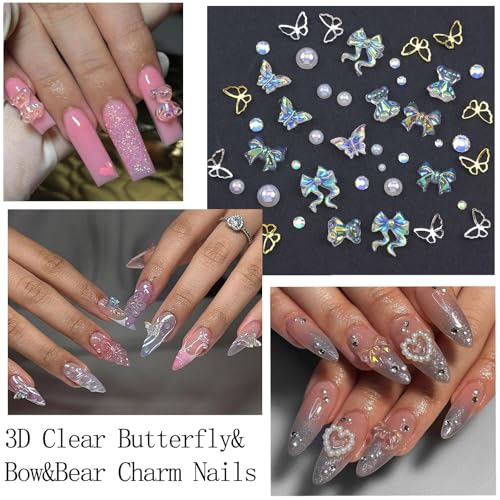 Flatback Nail Art Pearls Flower Bow Nail Charms with Nail Rhinestones Glue Gel Gold Silver Butterfly Nail Supplies Colorful Nail Pearls Rhinestones Gems for Women Acrylic Nail Decoratons