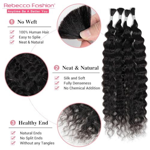 Rebecca Fashion Human Braiding Hair for Boho Braids Super Wave Bulk Human Hair for Braiding 95G 18 Inch No Weft Wet and Wavy Bulk Human Hair Extensions 4 Bundles/Pack Natural Color