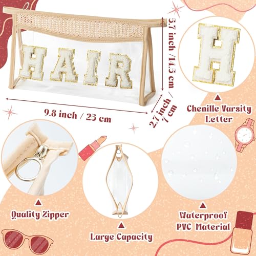 Boho Patch Cosmetic Bag - Valentine's Day HAIR Chenille Varsity Letter Toiletry Bag Beige Clear Waterproof Travel Makeup Bag PVC Zipper Clutch Daily Use Purse New Year Gifts for Women Girls