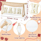 Boho Patch Cosmetic Bag - Valentine's Day HAIR Chenille Varsity Letter Toiletry Bag Beige Clear Waterproof Travel Makeup Bag PVC Zipper Clutch Daily Use Purse New Year Gifts for Women Girls