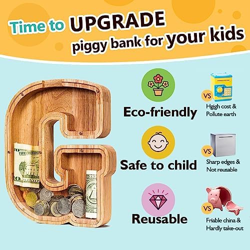 SummiDate Wooden Letter Piggy Bank| Piggy Bank for Boys Girls Toddler| Alphabet G Money Bank| Coin Bank Birthday Gift for Kids|Birthday Gift for Kids (G)