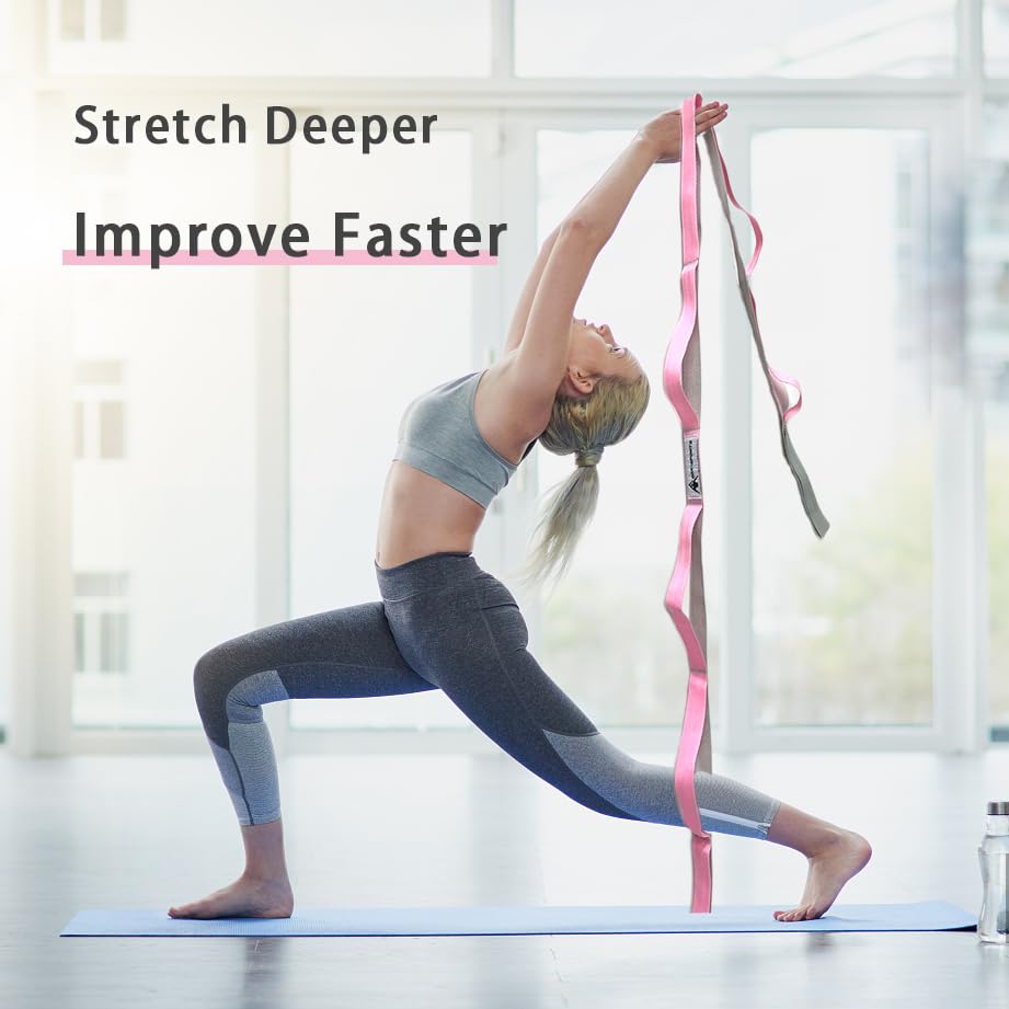 Stretching Strap Yoga Strap with Loops, Stretch Straps for Physical Therapy, Non-Elastic Exercise Strap for Pilates, Dance and Gymnastics with Workout Guide (Blue/Light Blue+Pink/Light Gray)