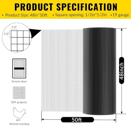 Hardware Cloth PVC Coated Wire Mesh 48'' x 50' 1/2inch Mesh Black Vinyl Coated Fence Chicken Wire Fencing 19 Gauge Chain Link Fence for Chicken Coop, Animal Control,Gutter Guard, and Home Improvement
