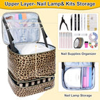 PU Leather Nail Polish Organizer Bag Holds 30 Bottles (15ml - 0.5 fl.oz) & Nail Lamp, Portable Nail Kit Storage Carrying Case, Double Layer Nail Supplies Organizer Handbag (Leopard)