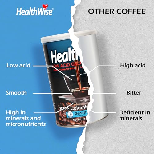 Healthwise Low Acid Decaffeinated Ground Coffee, Chemical-Free Swiss Water Process, 99.9% Caffeine Free, 100% Colombian - Medium Roast, Healthier Coffee for Sensitive Stomachs 12 Ounce (Pack of 1) (1)