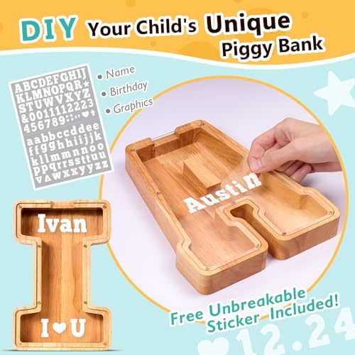 SummiDate Wooden Letter Piggy Bank| Piggy Bank for Boys Girls Toddler| Alphabet I Money Bank| Coin Bank Birthday Gift for Kids|Birthday Gift for Kids (I)