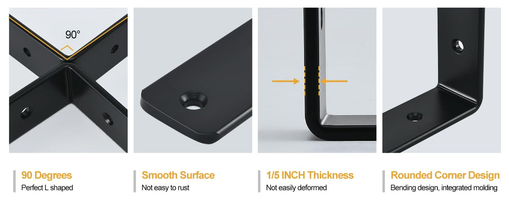 4 Pack - L 8" x H 6" x W1.5, 5mm Thick Black L Shelf Bracket, Iron Shelf Brackets, Metal Shelf Brackets, Floating Shelf, Shelf Supports with Screws