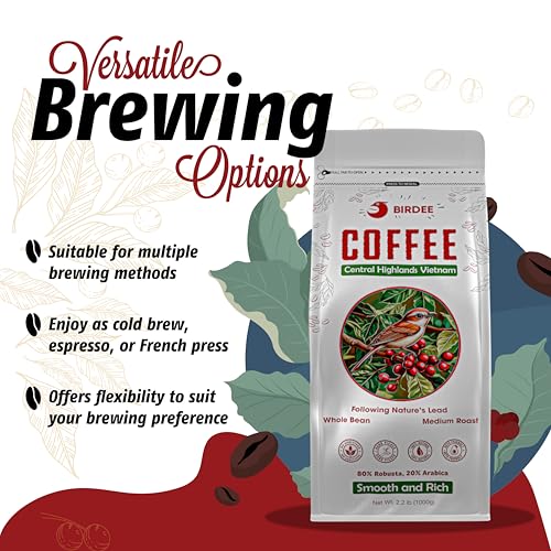 Birdee Vietnamese Coffee – 2.2 LB, Medium Roast Whole Bean, Arabica and Robusta Blend, Hand-Picked, Resealable Bag, Smooth Flavor, Low Acid, High Caffeine, Single-Origin