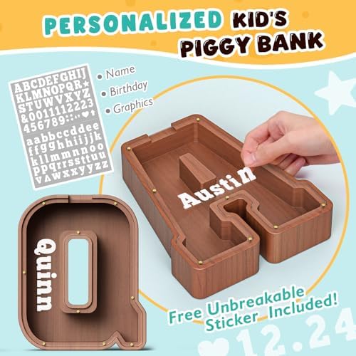 Summidate Wooden Letter Piggy Bank, Extra Thick Large Capacity Piggy Bank for Kids Boys Girls Toddler, Alphabet Q Money Bank| Coin Box Birthday, Christmas, Festival