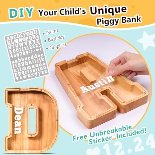 SummiDate Wooden Letter Piggy Bank| Piggy Bank for Boys Girls Toddler| Alphabet D Money Bank| Coin Bank Birthday Gift for Kids|Birthday Gift for Kids (D)