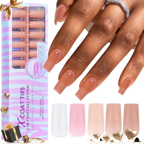 BTArtbox Gel Nail Tips Long Square - Press On Nails 600pcs 5 Colors XCOATTIPS Natural Fake Nails with Pre-applied Tip Primer Cover,Pre-colored 15 Sizes Soft Gel False Nails for Nail Art DIY