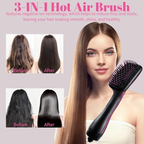 Hair Dryer and Blow Dryer Brush in 1, Negative Ion Hair Dryer Brush, 1Step Ionic Hair Straightener Brush Hair Dryer Hot Air Brush, Hair Styling Tool Straightening Drying Smooth Hair for All Hair Types