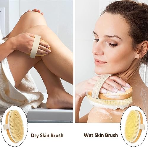 Metene 2 Pack Dry Body Brushes, Exfoliating Body Scrubbers, Natural Bristles for Dry Skin, Improve Circulation, Stop Ingrown Hairs, Reduce Acne and Cellulite (G7130)