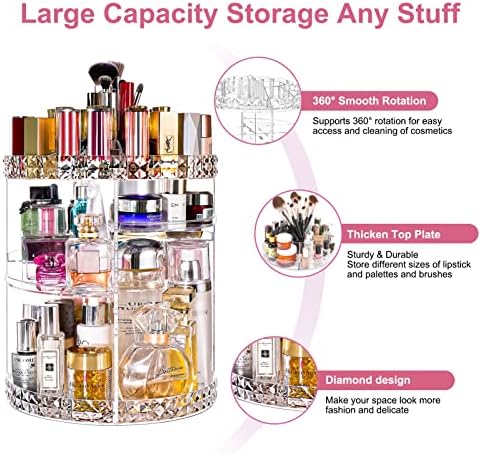 V-HANVER Makeup Organizer Combo - 360° Rotating Makeup Organizer with 7 Adjustable Layers Acrylic Skincare Organizer Large Cosmetic Display Case Clear Perfume Organizer with Makeup Lipstick Holder