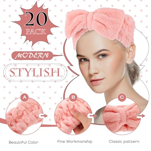 Yunlly 20 Pcs Spa Headband for Women 4 Inches Width Facial Makeup Hair Band Bulk Skincare Headbands for Washing Face Bowtie Slumber Party Supplies Fluffy Head Wraps(Pink)