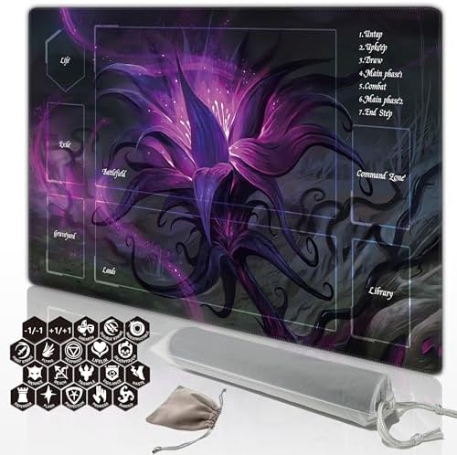 MTG Playmat Includes with 20 Damage Counters and Professional Storage Bag 24*14 and Edge-Locking Waterproof and Non-Slip Mat (Lotus 3)