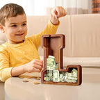 Summidate Customized Name Extra Large Wooden Piggy Bank for Kids Boys Girls Alphabets Letter A-Z Coins Bills Money Change Saving Box Clear Cover (Laser Engraved) Educational Toys 12"- Letter L