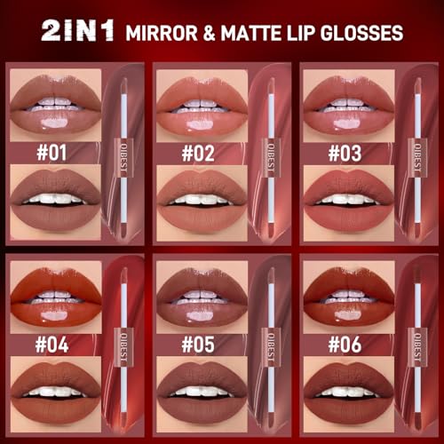 Matte Liquid Lipstick Set, 6 Colors 2-In-1 Mirror Matte Lip Glosses Kit,Velvet Lip Glaze Black Lipstick for Women,Long Lasting Shinny Lip Stain,Nude Lip Makeup Smudge Proof for Party Festival