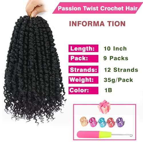 9 Pack Passion Twist Crochet Hair 10 Inch Pre-twisted Passion Twist Hair Pre Looped Boho Crochet Braids Hair for Women Girls and Kids (10Inch,1B)