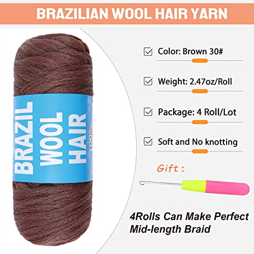 4 Pcs Brown Brazilian Wool Hair for Braids Acrylic Hand Knitting Yarn for Braiding Hair Faux Locs Crochet Hair Boho Box Crochet Braids Synthetic Braiding Hair Extensions(#30)
