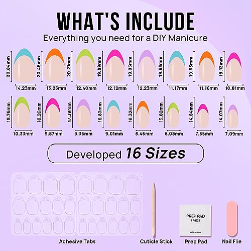 BTArtbox Press On Nails Short - Soft Gel French Tip Press On Nails, Colorful Almond Glue On Nails with Nail Glue, Reusable Stick On Nails in 16 Sizes, Neon Rainbow French