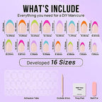 BTArtbox Press On Nails Short - Soft Gel French Tip Press On Nails, Colorful Almond Glue On Nails with Nail Glue, Reusable Stick On Nails in 16 Sizes, Neon Rainbow French