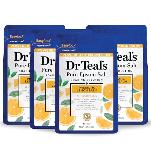 Dr Teal's Pure Epsom Magnesium Salt Soak, Prebiotic Lemon Balm & Essential Oil, 3 lbs (Pack of 4)
